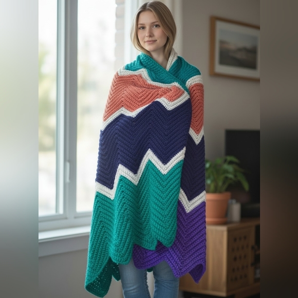 Handmade Afghan With Chevron Pattern - Picture 2 of 6